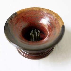 Ikebana Studio Art Pottery Vase Metal Flower Frog Signed Garnett Red Brown Green